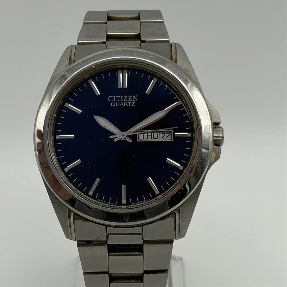 Citizen 1102-S066808 Mens Watch 39mm Blue Stainless Day Date New Battery 7.5